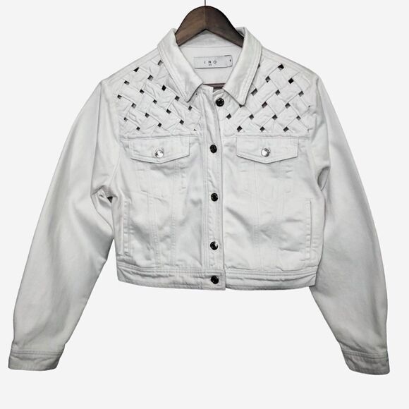 IRO Ubaldo Cropped Jean Jacket White Braided Detail US Size 6 - Picture 4 of 10